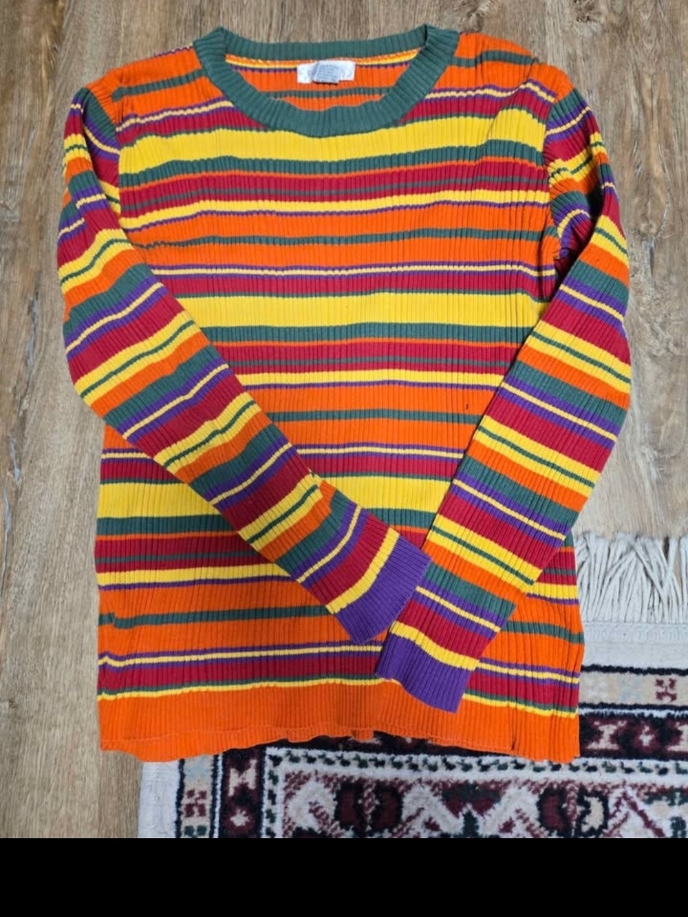 Multicolor Striped Ribbed Crewneck Top - Orange, Yellow, Green & Purple